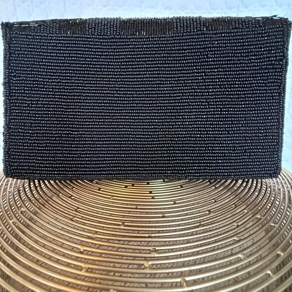 Marshall Field's Vintage Black Glass Beaded Art Deco Evening Clutch Bag Chain - Picture 3 of 10